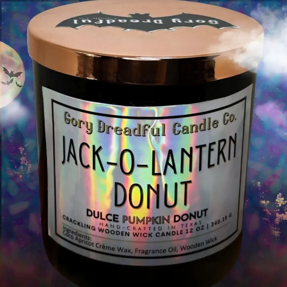 Jack-O-Lantern Donut Crackling Wooden Wick Candle: Dulce Pumpkin Donut Scent